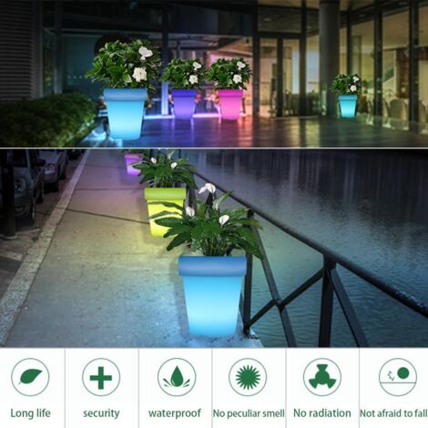 Pot de Fleur Lumineux Garden Lights avec Contrôle Sans Fil LED Coloré Matière PE+Télécommande IP65-68 Rechargeable USB pour Jardin Terrasse Fête Décoration Intérieur/Extérieur