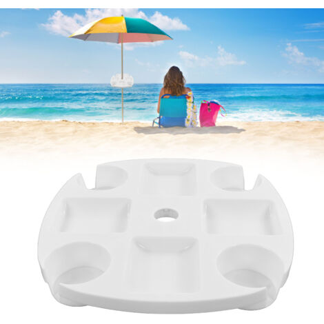 Plateau parasol de plage blanc rond avec 4 porte-bouteilles pour snack - Plateforme pour parasol de patio et beach, PP, Ø 43 cm, blanc - Plateau pour parasol avec plateau et support (1/5)