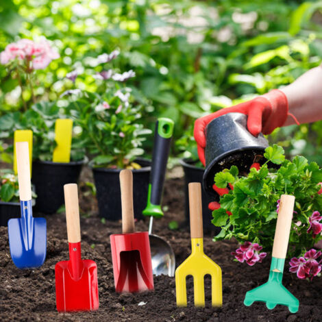 [Jouets de jardinage] [Kit de jardinage] [Mini outils] Kit d'outils de jardinage mini pour enfants avec 5 pièces en métal et bois, idéal pour plantations DIY. (1/5)
