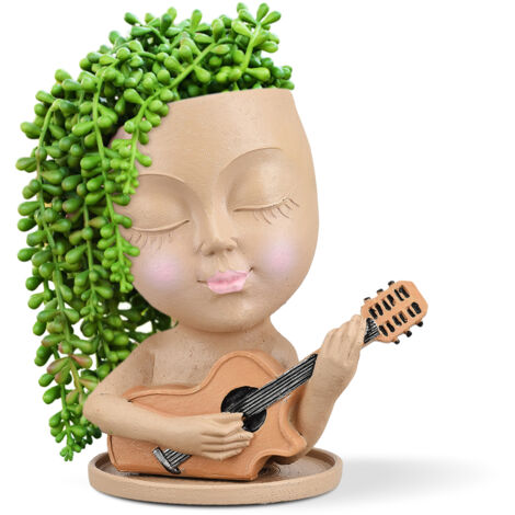 Pot de Fleurs décoratif avec Face Humaine - Petit Pot Guitare en Résine pour Décor intérieur (Brun Clair) (1/5)