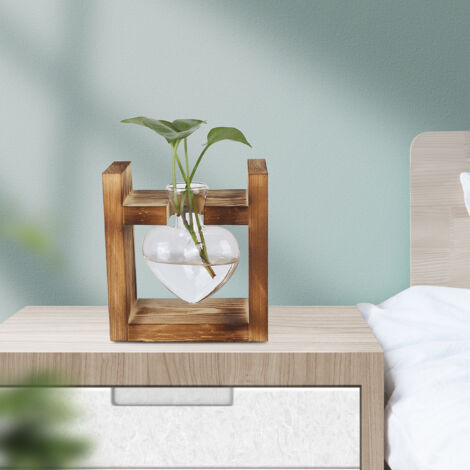 Vase innovatrice - Pot de fleurs Vintage DIY avec cadre en bois de pin et vase en verre borosilicate transparent pour bureau et décorations (1 flacon en forme de coeur) (1/5)