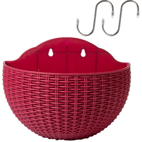 Pot mural imitation rotin demi-rond PP 26cm rouge vin - Système irrigation automatique double avec hooks pour plantes (1/5)