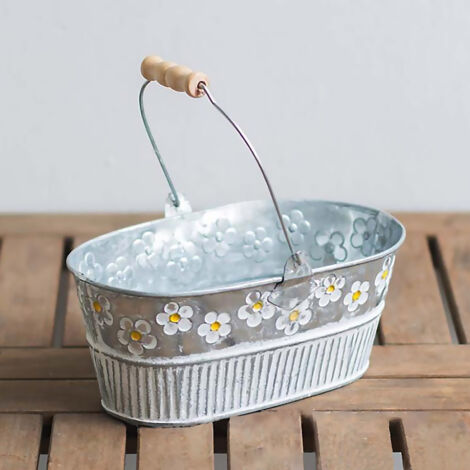 Seau Fleur Vintage - En Fer Décoré avec Marguerites Petit Bucket pour Fleurs Séchées Pot de Plantes Cache-pots ou Organiseur Bureau (21x10x10cm/20x16x8cm, 1 Pièce) (1/5)