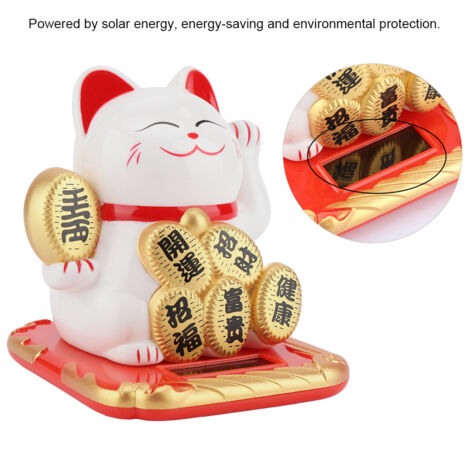 Chaton Porte-bonheur Solaire Blanc - 1 figurine décorative à bras mobile pour voiture, bureau, maison (Plastique, 8.5 cm) (1/5)