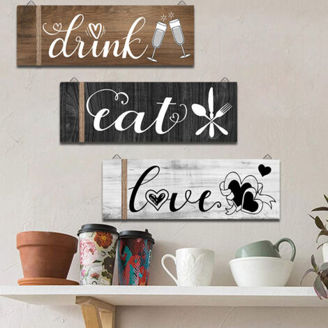 Décoration murale bois 3 signes suspendus 30x10cm pour cuisine salle à manger restaurant