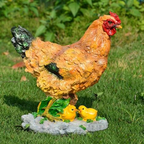 Figurine de jardin poule avec petits poussins résine décor paysage bureau brun 30cm kit (1/5)