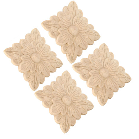 Décoration Applique Bois Motif Fleurs Ornée Accessoire Maison Jardin 4Pcs Rubber Wood 10x10cm (1/5)