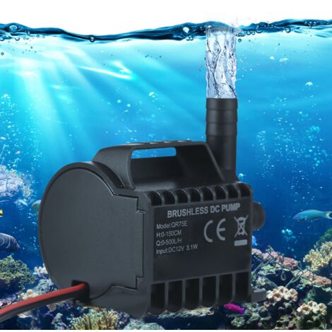 Pompe à eau submersible électrique 12V 500L/H QR70E avec base ventouse pour aquarium, fontaine, circuit d'eau, 4.9ft lift, max 3.1W. (1/5)