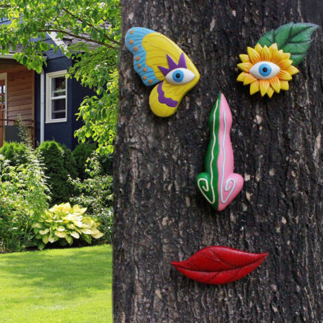 Décorations Resin pour Arbres Exterieur - Faces Colorées en Papillon et Fleurs pour Jardins Détailées à la Main, Ensemble de 4 Pièces