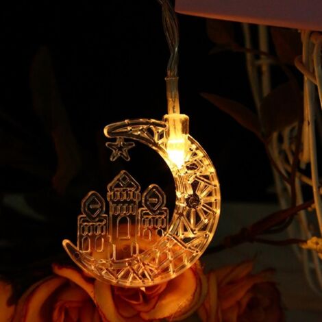 Guirlande Lumineuse LED Étoile Croissant Ramadan avec Lampes Chaleureuses, 1.5m 20 LEDs, Mode Fixe/Flash, Batteries AA (non incluses), PVC ABS (1/5)