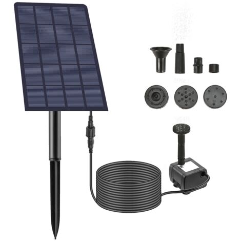 Pompe à fontaine solaire [Kit de pompe solaire 5V/2.5W avec 6 jets] pour jardin/bassin/fontaine [200L/h, ABS, IP65, noir, 150cm max]
