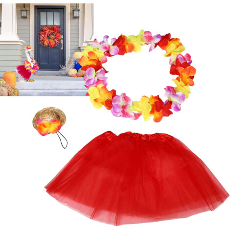 Costume pour Goose de Jardin Déguisement Hawaiian Décor de Porch Robe Rouge Chapeau Straw Fleur Summer Cute Wreath [Déguisement de Goose] Polyester Set pour Décor de Jardin avec Hat & Wreath 2 Costume (1/5)