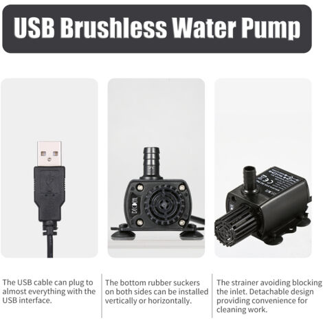 Pompe Submersible Mini Brushless DECDEAL USB 5V DC Ultra-quiet Aquarium Fontaine Circulation 150L/H 1.2W IP68 Noir avec Filtre Pour Systèmes Hydroponiques (1/5)