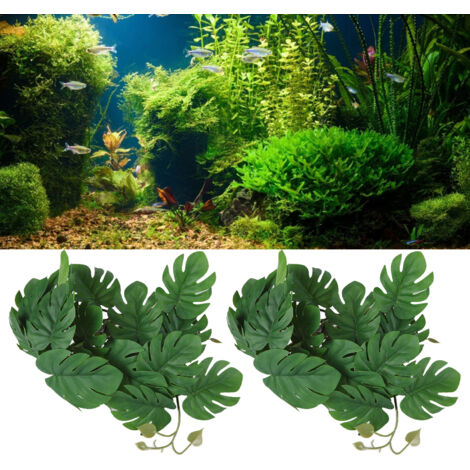 [Plante aquatique artificielle] - Feuilles de Monstera artificielles - 2 pièces avec ventouses pour aquarium - [Simulation réaliste en plastique durable] (1/5)