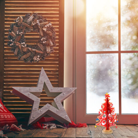 Arbre de Noël DIY Décoratif en Bois - Mini Arbre Desktop avec 20 Accessoires pour Table, Rangement Facile, Base Stable - 30 cm, Rouge/Vert (1/5)