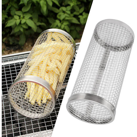 Grille cylindrique BBQ en tube filet roulant - Rack BBQ cylindrique à mailles en acier inoxydable avec crochet et fourchettes pour camping et barbecues extérieurs (1/5)