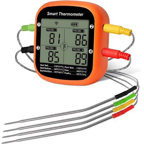 Thermomètre de Cuisson Intelligent Bluetooth 4 Probes Digital avec Affichage LED et Support - Thermomètre à Viande Précision ±1℃ pour Grill BBQ Outdoor (Orange, ABS/Inox) (1/3)