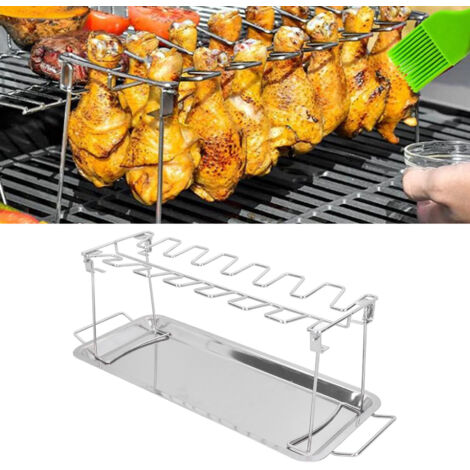Support BBQ Grill avec Plateau, Support Grill Portable Acier Inoxydable Rack à Pattes de Poulet, Rack Folding BBQ avec 14 Emplacements pour Barbecue Outdoor (1/5)