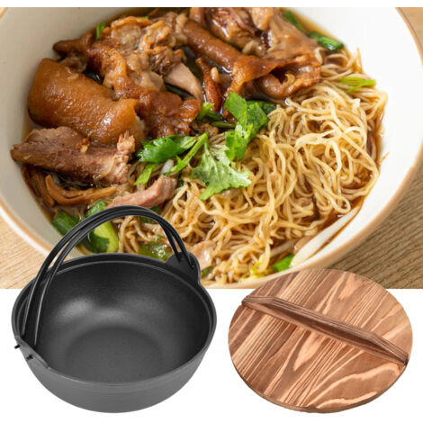 Marmite Sukiyaki en fonte durable 9.8in à chauffage uniforme avec couvercle en bois pour shabu shabu, fondue et ragoûts (1/5)