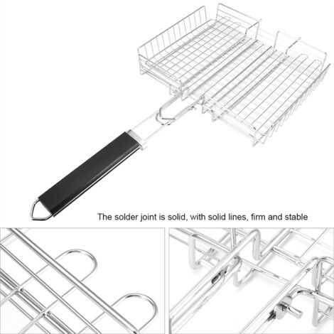 Grille barbecue main sur support en bois pour viande grillée - Clamp grill à treillis métallique démontable avec crochet de fixation et pochette de rangement