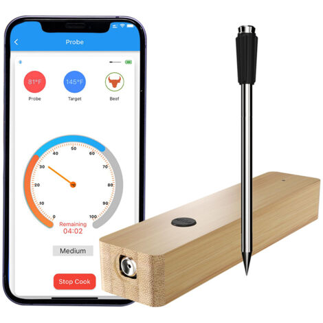 Thermomètre de Cuisson Intelligent Bluetooth avec Alarme et App, Portée 500m, Base de Stockage et Charge, Compatible Grill BBQ, IP68, Bambou et Stainless Steel (1/3)
