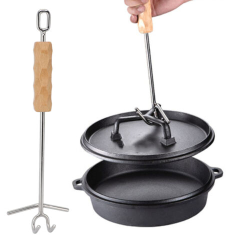 Levier de Couvercle pour Dutch Oven avec Crochet Double Acier Inoxydable Long 36cm pour Cuisson Camping et BBQ (1 Pièce) (1/5)
