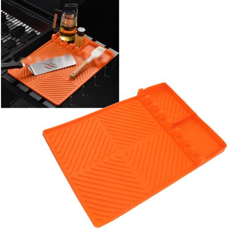Tapis de rangement silicone pour gril, modèle 8 emplacements 40x29 cm avec 2 récupérateurs de graisse orange, antidérapant résistant thermique (1/5)