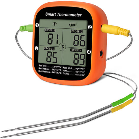 Thermomètre Digital Intelligent à Probes Dual pour Grill BBQ avec App et Alarme - ABS & Inox, 76x84x39mm, Orange (1/3)