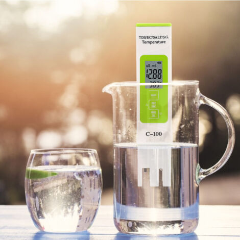 Testeur de Qualité d'Eau Multifonction - C-100 - 5 Paramètres : Salinité, TDS, EC, Température (℃/℉) - Pour Aquarium, Piscine, Eau Potable - ABS, 159mm, avec Écran LCD Lumineux
