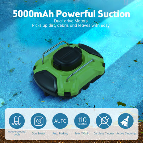 Robot nettoyeur pour piscine hors-sol Cordless ABS vert 370 x 270 x 160 cm IPX8 rechargeable batterie 5000mAh filtre 200μm (1/5)
