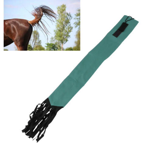 [Sac de Protection pour Queue de Cheval] Format Nouvelle Génération avec Frange et Fermeture Velcro en Tissu Non Tissé Vert - Garde Queue Respirant et Antiparasite - 70cm x 7.5cm