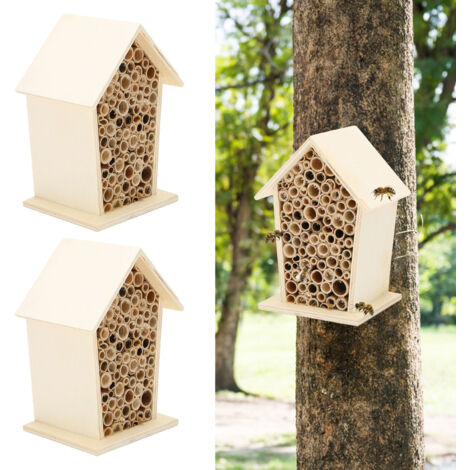 Maison pour Abeilles en Bois à 2 Pièces, Nichoir avec Bambou, Refuge Naturel pour Pollinisateurs, Habitats Sécurisés, Déco de Jardin, Cadeau Écologique