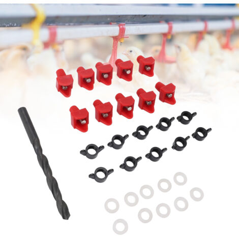 Abreuvoir Nipples Horizontal Plastique Kit Automatique pour Pipes et Seaux pour Poulets - 10 Buses avec Clamps, Cercles Caoutchouc et Fraise (1/5)