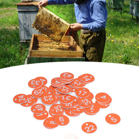 Etiquettes numérotées pour apiculture - ABS 3.6cm orange - Lot de 50 numéros 1-50 étiquettes rondes robustes pour ruches et élevage animal