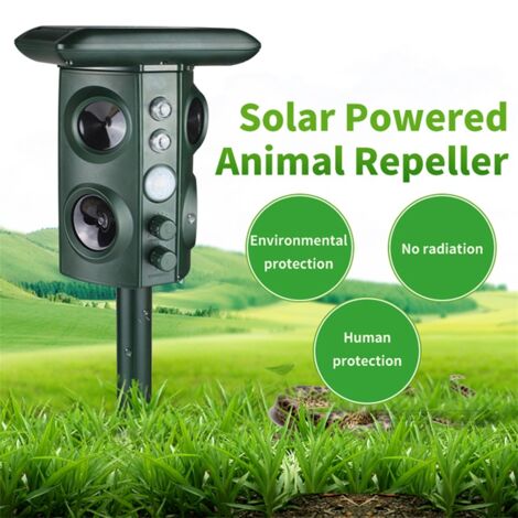 Repulsif Ultrasonique Solar Animal 4 Sonnettes LED PIR Mouvement Cadre Detection Ultrasonique pour Chat Rat Serpent Coyote Ferme Parc 43cm Vert (1/5)