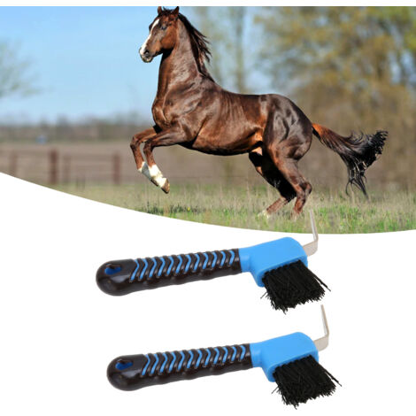 Lave-pied pour cheval 2 pièces avec manche ergonomique antiglisse et double fonction brosse + crochet, couleur bleu, dimensions 17 cm, matériaux plastique et acier inoxydable (1/5)