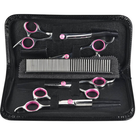 Kit de Ciseaux Professionnels pour Toilettage Canin 6Pcs/Set - Ciseaux Droits, Effilants et Curves, Écaille en 6CR13 - 23.5x9.5x2cm avec Peigne et Étui (1/5)