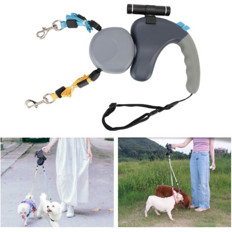 Laisse Retractable Double pour 2 Chiens, Rotation 360°, LED, 3m, Gris, Polyester, pour Chiens 50 lb