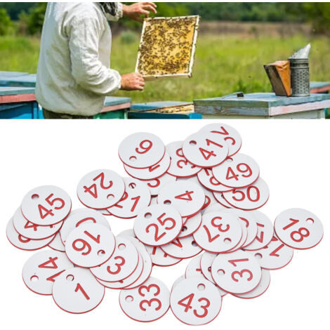 Étiquettes de Ruche ABS - 50 Pièces - Étiquettes Numériques Circulaires 1-50 avec Trou pour Apiculture et Elevage - Diamètre 3.5cm, Blanc