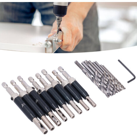 Kit de perçage pour charnières - 17 pièces avec positionnement automatique et clé hexagonale - Ensemble d'outils de menuiserie pour portes et fenêtres (1/5)