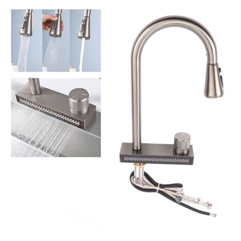 Robinet de cuisine multifonction, en acier inoxydable avec débit cascade, sortie double G1/2, avec système pull-out (1/5)