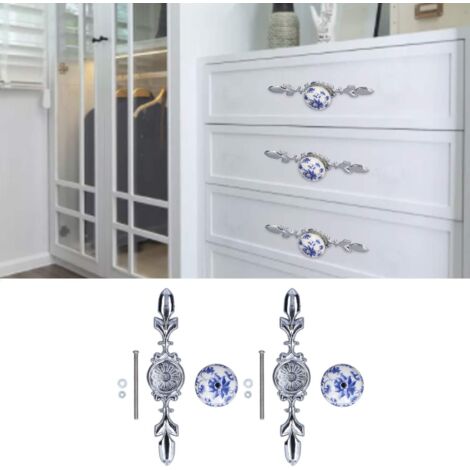 Poignées de Cuisine Ceramiques 1060D Set de 2, Knobs de Porte Vintage avec Finition Manuelle Bleu et Blanc Porcelaine Fleur, Zinc Alloy + Ceramique 4.1cm
