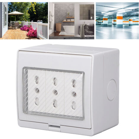 Prise murale étanche IP55 avec boîtier ignifuge en ABS-PC, 3 ports (110‑250V) pour usage extérieur, 230g avec kit de fixation (1/5)