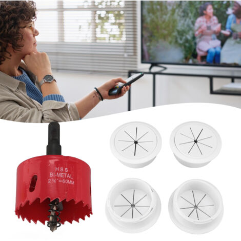 Kit de Dissimulation de Câbles TV pour Mur avec 4 Pass-Throughs et Fraise à Diamètre 60mm, Ensemble de Gestion de Câbles Invisible avec Attachement Drill et 10 Attaches Câbles