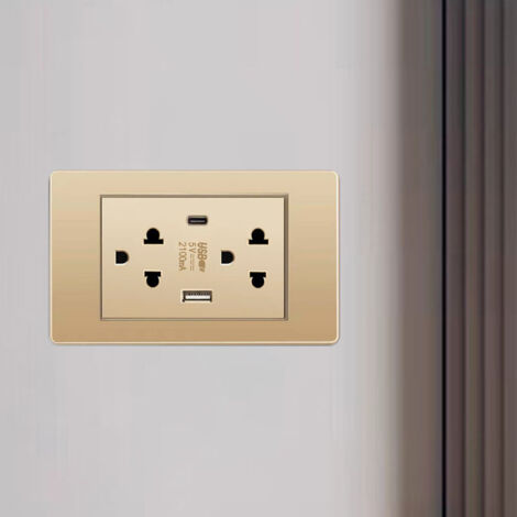 Prise murale type Thailand avec ports USB-C et USB, adaptateur universel pour Vietnam, ABS et métal doré (1/5)
