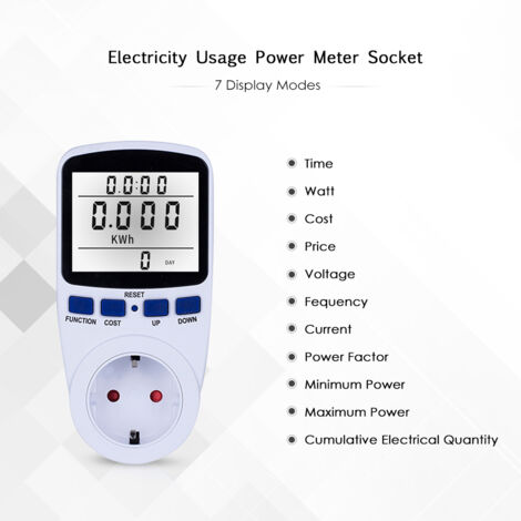 Compteur de Consommation Electrique LCD avec Fonction Analyser Sortie EU - AC230V250V, PC, 6.8x4x14cm, Backlight, 7 Modes de Mesure (Watt, Volt, Amps, KWH, Facteur de Pouissance) (1/5)