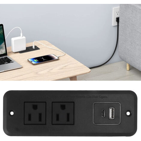 Téléphone Recessed Power Strip - Type C PD20W intégré pour table d'angle L, table d'appoint - ABS, 12.6x4.3cm, ligne 2m (1/5)