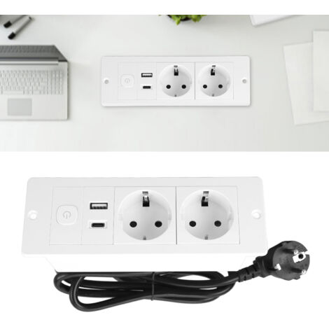 Prise de Bureau Encastrée 3 en 1 avec Port USB-C et Interrupteur - Alimentation PC Sécurité Anti-Feu 16A 45mm Espacé - Pour Bureau Table Salle (1/5)