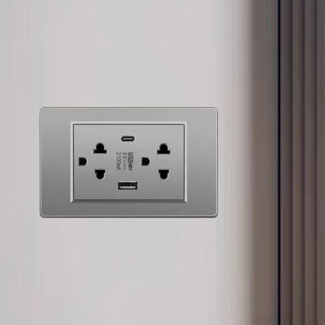 Prise Murale Electrique Thailand Type USB C Port avec Connexion Adaptable Vietnam Compatible Grey ABS Métal Boite de 1 (1/5)