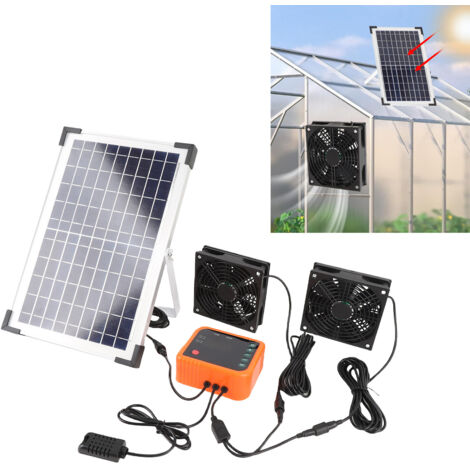 Kit Solaire Ventilation - Ventilateur Épuisement Dual avec Panneau 10W, Batterie 4400mAh et Contrôleur pour Serre, Garage